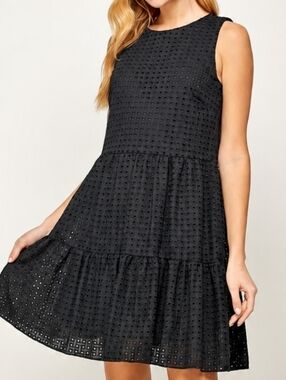 H&M Black Eyelet Tiered 100 % Cotton Mini Dress  Classic Chic M